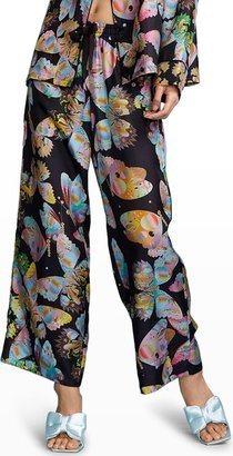 Butterfly-Print Silk Wide-Leg Pajama Pants