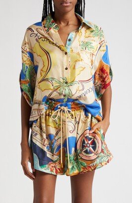 Alight Map Print Silk Button-Up Shirt