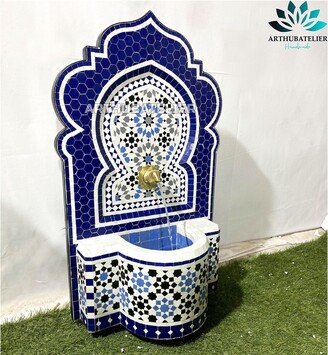 Customizable Fountain With Mosaic Tiles, Water Inside Fountain Moroccan Fountain, Terrace Indoor Decor