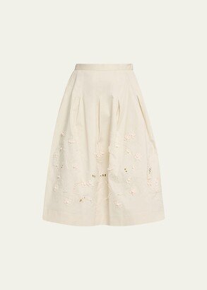 Floral-Embroidered Full Midi Skirt