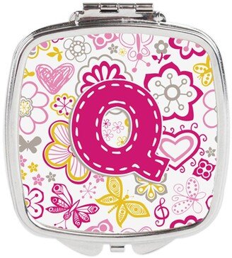 CJ2005-QSCM Letter Q Flowers & Butterflies Pink Compact Mirror