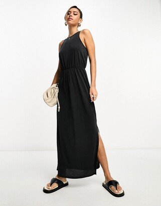 slinky racer neck maxi dress with split sides in black