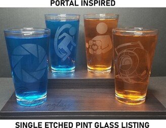 Portal Etched Pint Glass - Gift For Gamers Cube Core Spaaaccceee Guy Single Clear 16Oz Engraved Cup