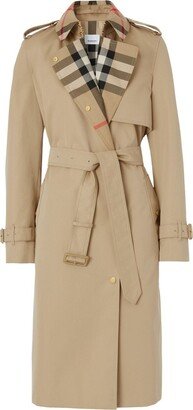 Exaggerated check-panel trench coat