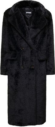 'Astrid' Black Double-Breasted Coat with Revers Collar in Faux Fur Woman