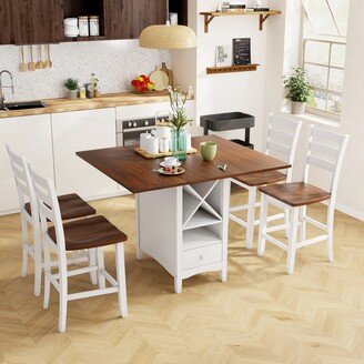 5-Piece Dining Table Set with Wine Rack and Drawers