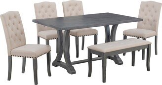 RASOO Rustic 6-Piece Farmhouse Dining Table Set with Trestle Table and Upholstered Chairs & Bench-AA