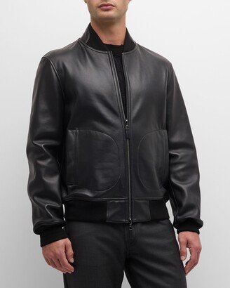 Men's Leather Full-Zip Bomber Jacket