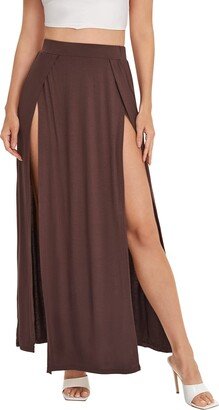 Verdusa Women's Elastic Waist High Split Wrap Flowy Cover Up Maxi Skirt Coffee Brown XL