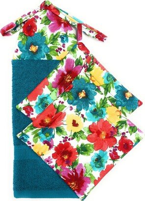 Bright Pink Red Yellow Flower Teal Kitchen Ties On Stays Put Hanging Loop Hand Dish Towel 2 Pot Holders Hot Pan Plate Pad Trivets