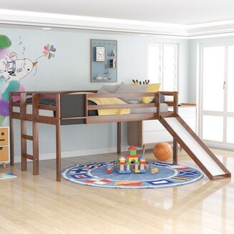 Aoolive Full size Loft Bed Wood Bed with Slide, Stair and Chalkboard