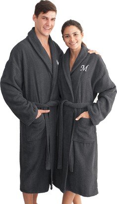 Authentic Hotel and Spa Charcoal Grey with White Monogrammed Herringbone Weave Turkish Cotton Unisex Bath Robe