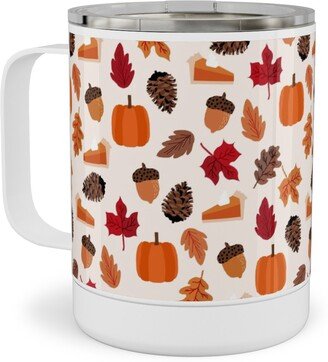 Travel Mugs: Autumn Leaves And Pumpkin Pie - Multi Stainless Steel Mug, 10Oz, Multicolor