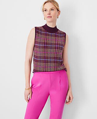 Plaid Jacquard Mock Neck Sweater Shell Top