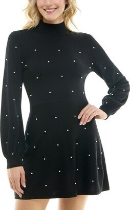 Juniors' Mock-Neck Imitation-Pearl Fit & Flare Sweater Dress