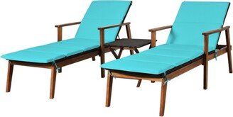 3Pcs Protable Patio Cushioned Rattan Lounge Chair Set with Folding Table - Turquoise