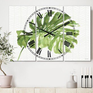 Designart 'Mixed Botanical Green Leaves V' Cottage 3 Panels Large Wall CLock - 36 in. wide x 28 in. high - 3 panels