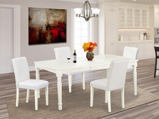 Dining Table Set Includes a Wooden Table and White Faux Leather Parsons Chairs, Linen White