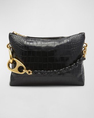 Large Zip Croc-Embossed Hobo Bag