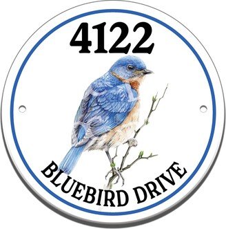 Blue Finch Themed Ceramic House Number Circle Tile, Bird Address Door Sign