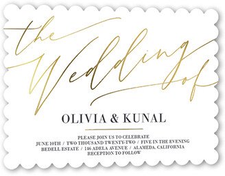 Wedding Invitations: Exciting Script Wedding Invitation, White, Gold Foil, 5X7, Signature Smooth Cardstock, Scallop