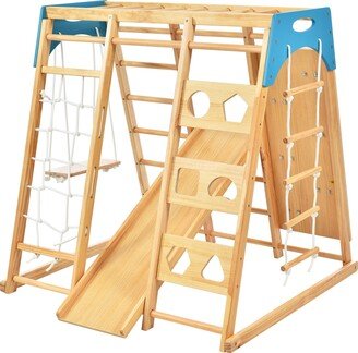 Global Pronex Toddlers Wooden Climber 8-in-1 Slide Playset Wooden Indoor Kids Playground Jungle Gym with Slide Wooden Rock Climbing Wall