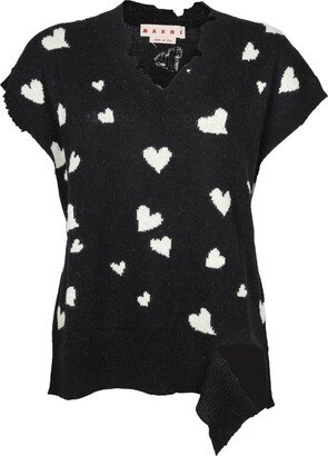 V-neck Sweater In Wool With Hearts