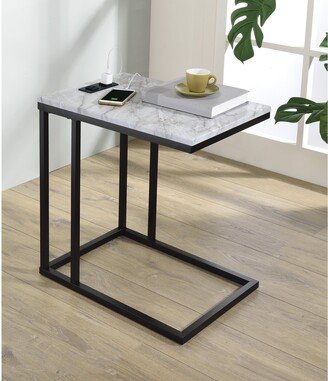 OS Home and Office Furniture Norwich C-Table with Black Base and White Marble Top Including Built in Power Port