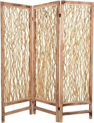 Contemporary 3 Panel Wood Screen with Vertical Branch Design - 69 H x 2 W x 60 L Inches