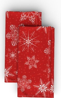 Cloth Napkins: Snowflakes On Red Cloth Napkin, Longleaf Sateen Grand, Red