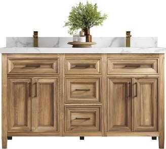 Santa Monica Solid Teak 60 In. W X 22 D Double Sink Bathroom Vanity in Whitewashed With Quartz Or Marble Countertop | Modern Vanity