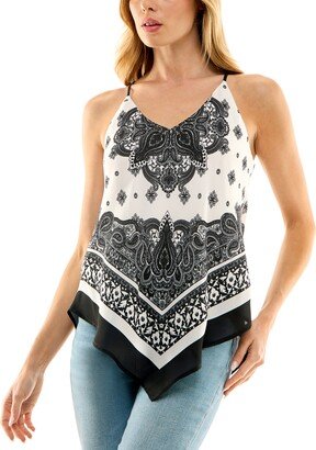 Juniors' Printed Handkerchief-Hem Sleeveless Top