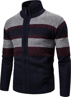 Vsadsau Men's Autumn and Winter Knitted Cardigan Sweater Striped Stand Collar Casual Zipper Jacket Navy XXXL