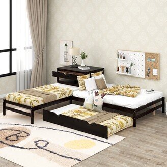 RASOO L-Shaped Full Size and Twin Size Platform Beds with Twin Size Trundle and Drawer Linked with Built-in Rectangle Table