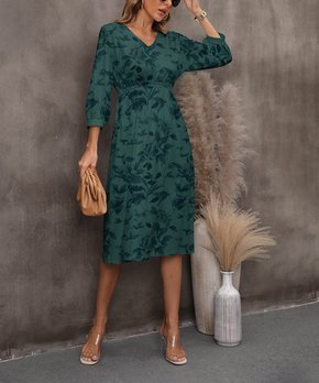Green & Navy Rose Three-Quarter Sleeve Midi Dress - Women & Plus