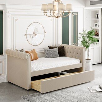 Gerojo Twin Size Upholstered Daybed with 2 Drawers and Button-Tufted Armrests Style, Beige