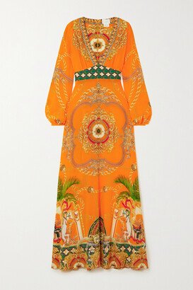 Crystal-embellished Printed Silk Crepe De Chine Maxi Dress - Orange