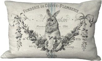 Sweet French Rabbit & Floral Garland Oblong Lumbar Blue Grain Sack Stripe Pillow Cover On Burlap