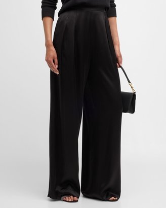 Pleated High-Rise Wide-Leg Satin Trousers