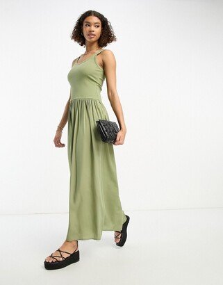 ribbed scoop neck midi dress with dropped waist in khaki