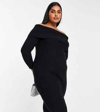 New Look Plus New Look Curve ribbed bardot midi dress in black