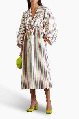 Vivella gathered striped cotton and linen-blend midi dress