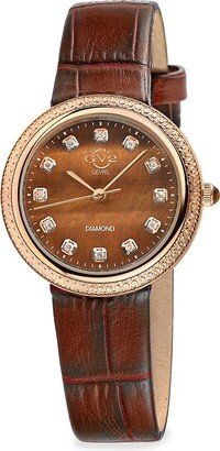 Arezzo 33MM IP Rose Gold Stainless Steel, Diamond & Embossed Leather Strap Watch