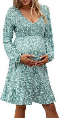 KOJOOIN Women's Maternity Smocked Ruffle V Neck Fall Dress