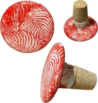Red & White Floral Palm Leaves Ceramic Stoneware Hand Painted Wine Stopper 2 Wide