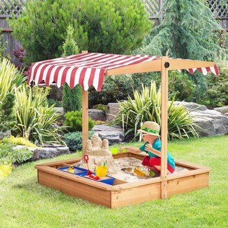 Kids Sandbox with Cover and Adjustable Canopy, Children's Wooden Sandbox Backyard Toy - 42.25 x 42.25 x 43.25