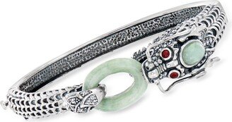 Jade, White Topaz and . Ruby Dragon Bangle Bracelet in Sterling Silver