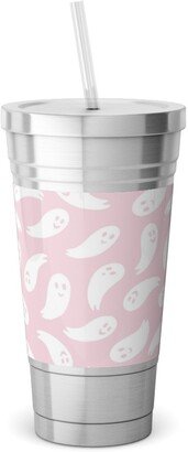 Travel Mugs: Happy Ghosts - Pink Stainless Tumbler With Straw, 18Oz, Pink