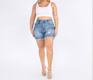 American Bazi Plus Size High Waist Cargo Denim Shorts In Medium Wash