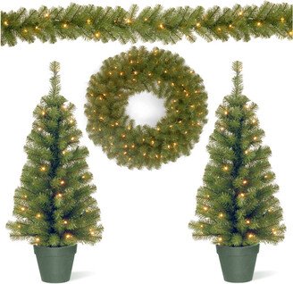 National Tree Company Two 3Ft Entrance Trees W/ 35 Warm White Bat Op Leds + 9Ft X 8In Garland W/ 50 Warm White Bat Op Leds + 24I